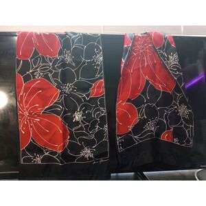 Vintage Ginnia Johansen Floral Long Scarf – Red & Black – 11" x 60"‎ – Satin...